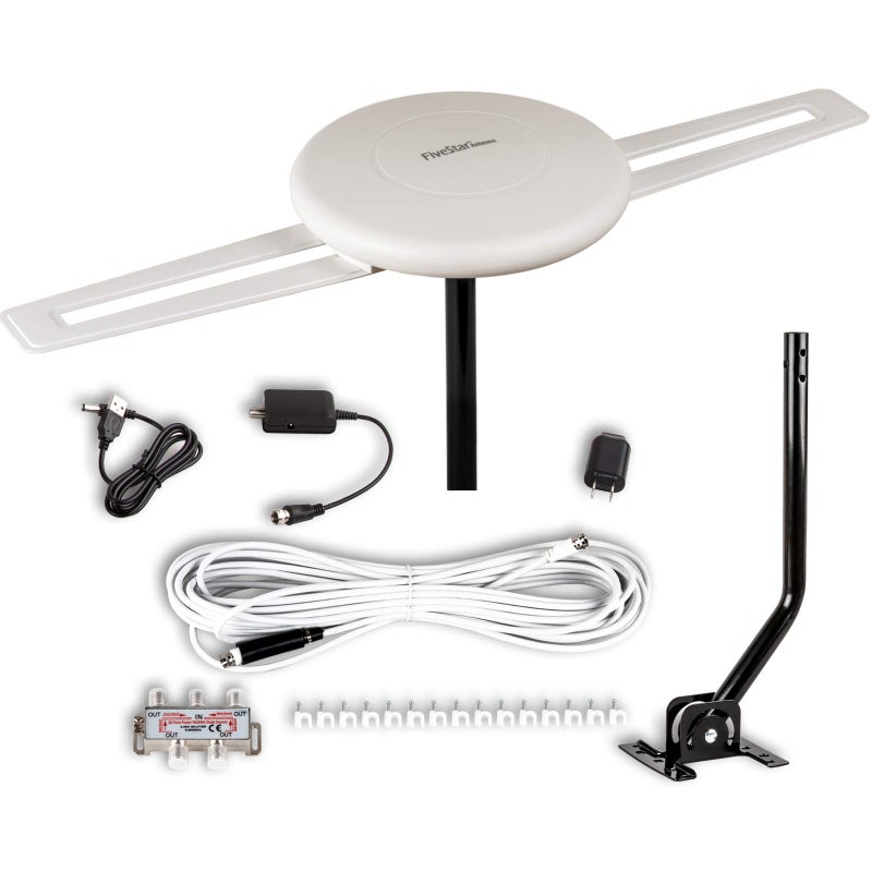 Five Star HDTV Antenna - 360Â° Omnidirectional Amplified Outdoor TV Antenna up to 150 Miles Indoor/Outdoor,RV,Attic 4K 1080P UHF VHF Supports 4TVs Installation Kit & Mounting Pole - Image 1